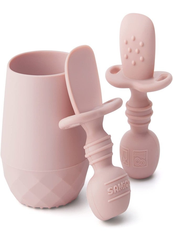 SAMiGO Silicone Baby Utensils - Self Feeding Spoons and Tiny Training Cup - First Stage Baby Led Weaning Supplies for 6 Months+ Infants - Set of 3 - Image 1